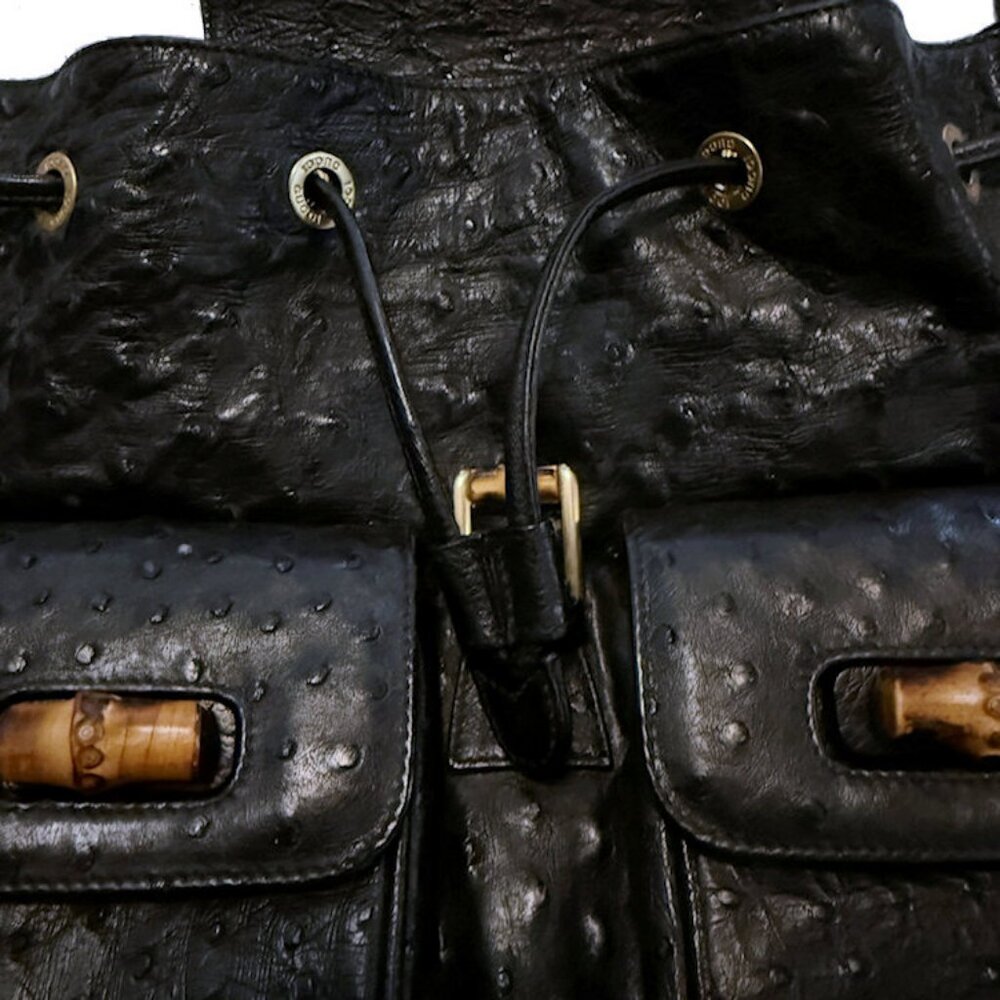 Vintage GUCCI Black Ostrich Skin Backpack Handbag with Bamboo Accents - Picture 13 of 15
